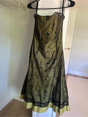 Strapless Olive Green A-Line Dress with Black Lace Overlay